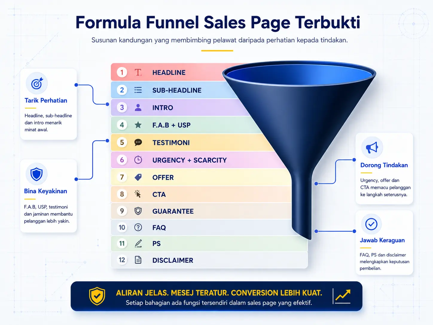 Struktur funnel dalam servis sales page merangkumi headline, masalah, manfaat, bukti, tawaran, CTA dan FAQ