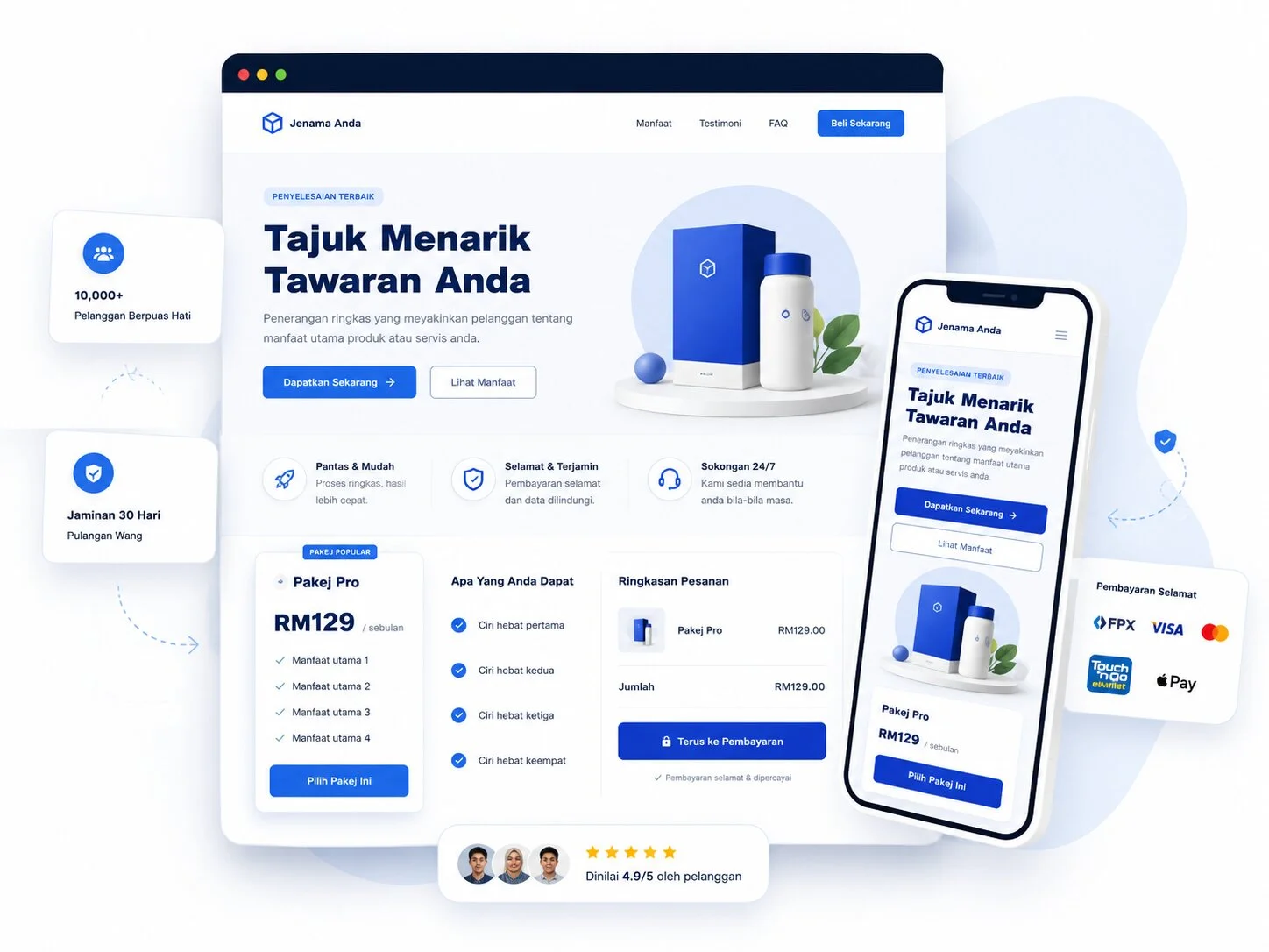 Contoh servis sales page profesional dengan e-commerce, checkout dan payment gateway